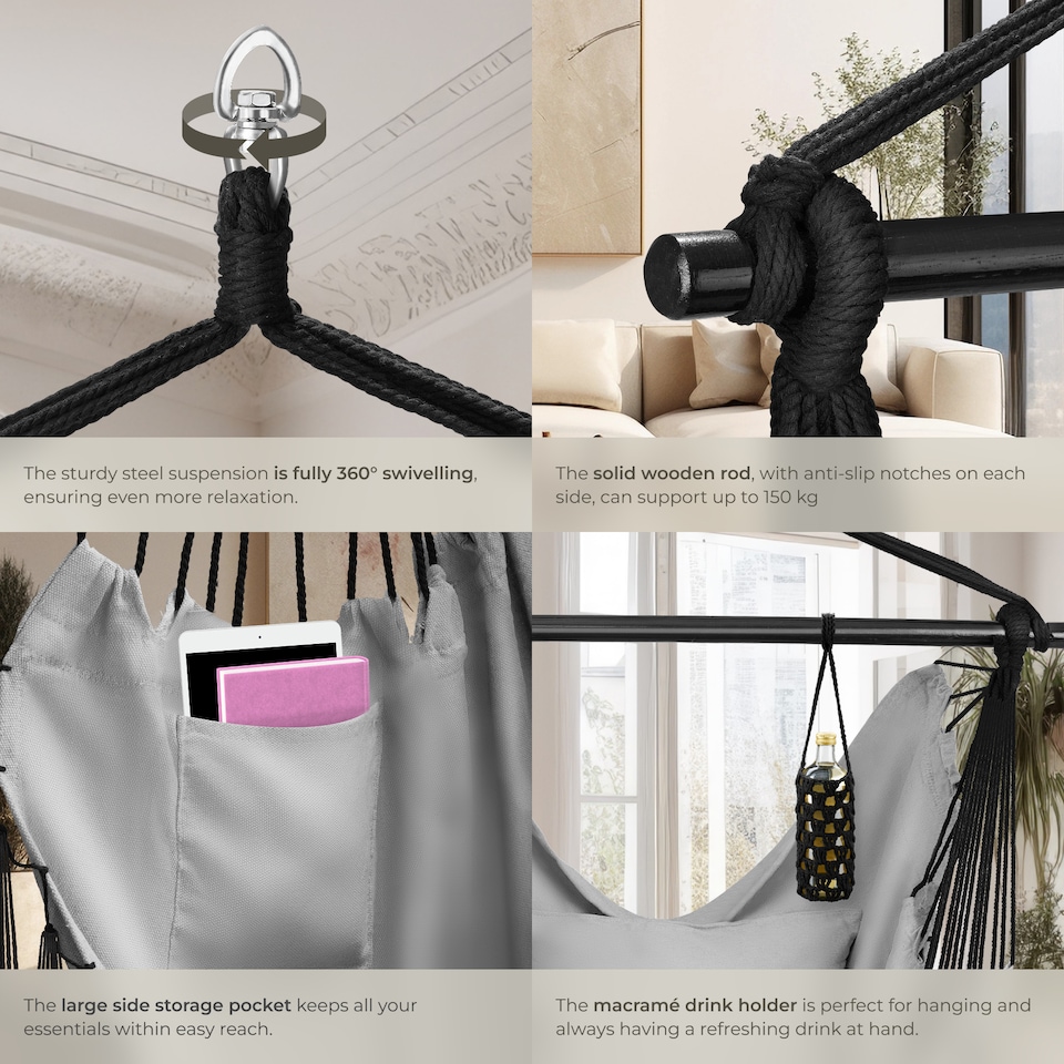 image 1 of Hanging Chair Malika, Boho Style, Load Capacity 150kg | Grey | grey | One Size | 1