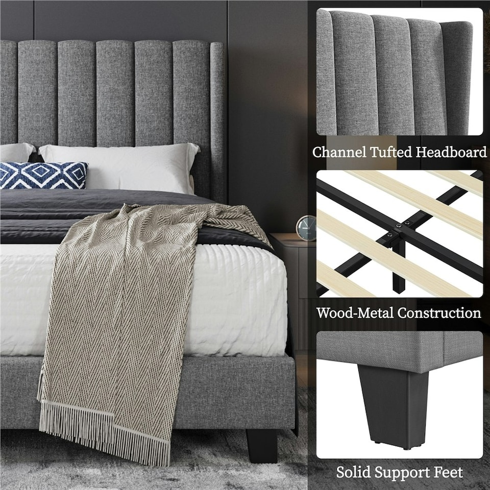 image 1 of Yaheetech 135 cm W x 190 cm L Upholstered Bed Frame with Wing Side Light Grey