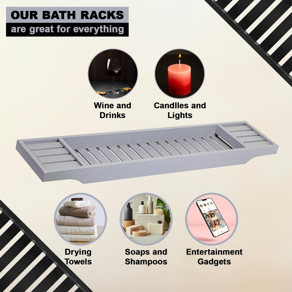 image 1 of Luxury Bamboo Bath Caddy Tray Wood Bathtub Storage Organizer Grey