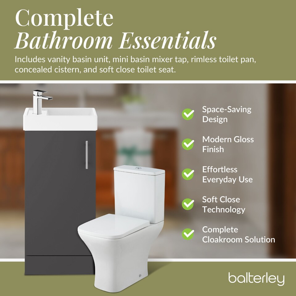 image 1 of Balterley Saint Cloakroom Set - Wall Hung Vanity Basin Unit, Toilet Pan, Cistern, Seat & Mini Basin Tap - Balterley | Black | Gloss Grey | 520.0000 x 405.0000 x 222.0000mm