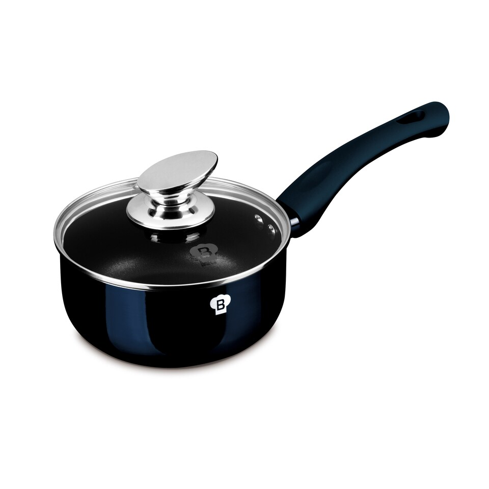 image 1 of Blaumann Cookware Frying Grill Pots Pan Saucepan Casserole Soft Touch Handle Lid | Black | Aquamarine | 16x7cm Saucepan with Glass Lid - 1.15L