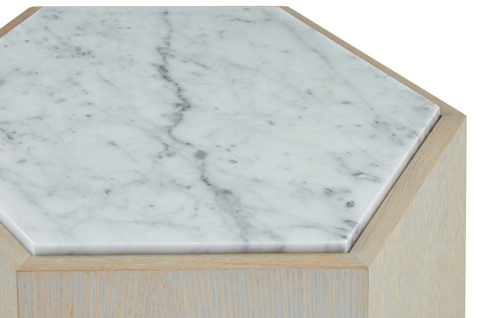 image 1 of Large White Side Table,Marble & Oak Constructed Bedside Table,Hexagonal Accent Table With Gold Finished Legs | Cream