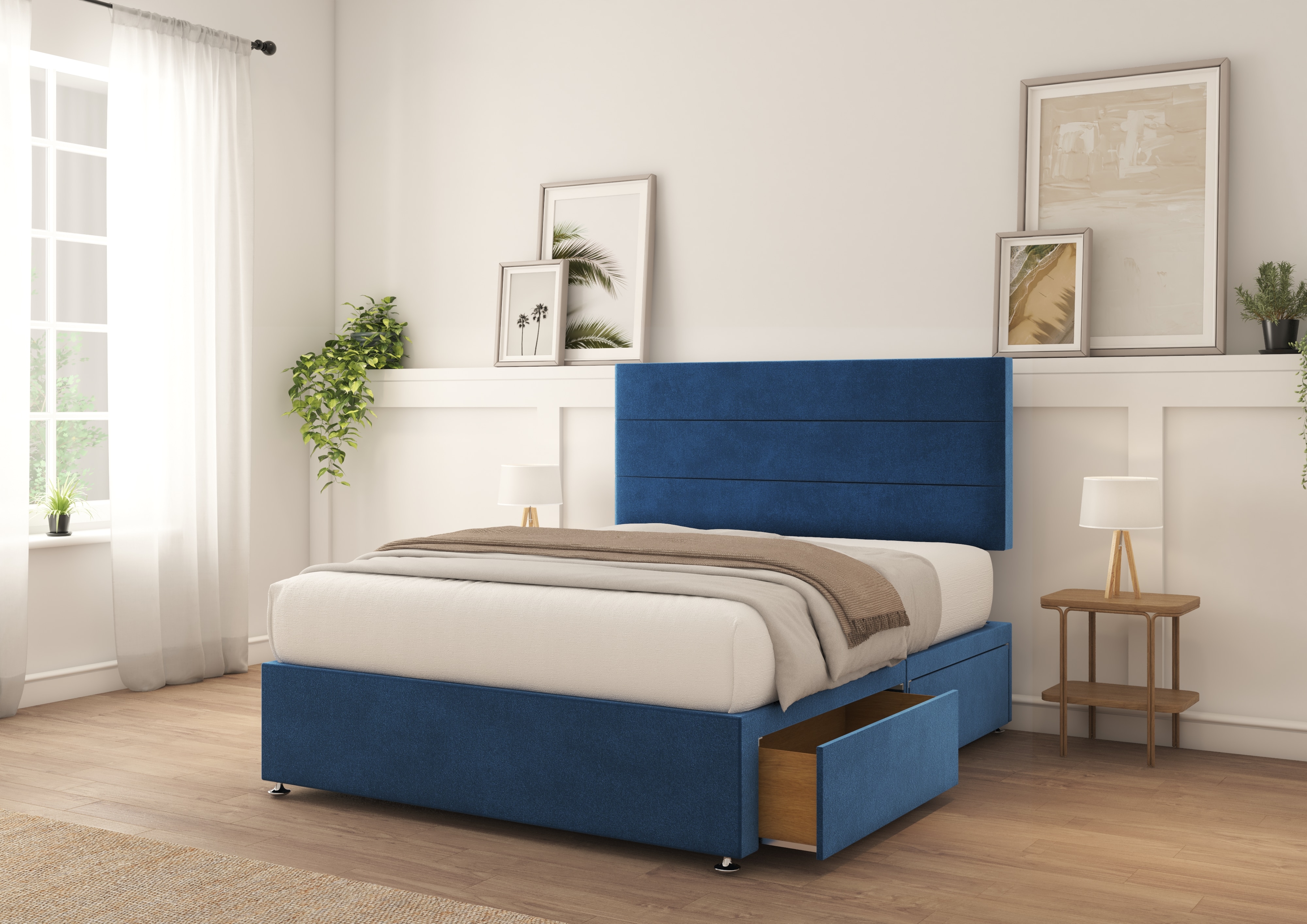 Sloomy Texas Navy Plush Divan Bed With Mattress 4 Drawers 26" Strutted Headboard 6' Super King