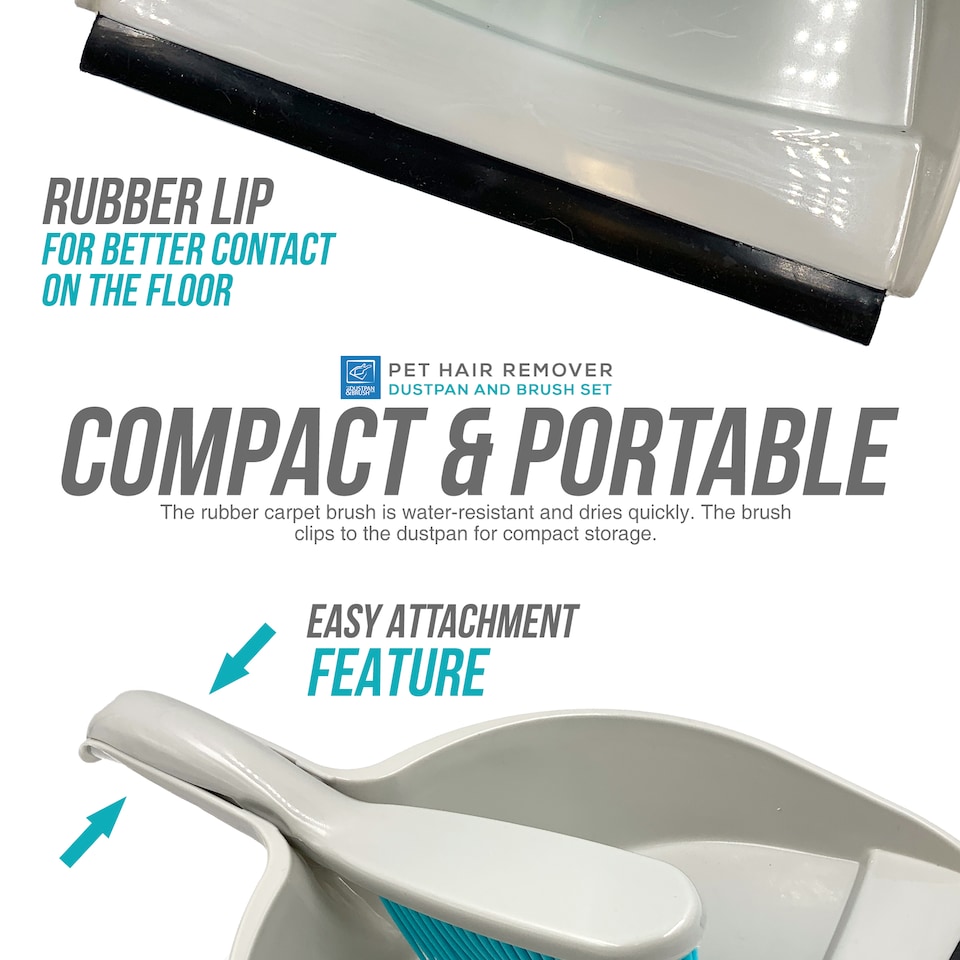 image 1 of Pet Hair Remover Dustpan and Brush Set with Soft Rubber Bristles and Wide Dustpan