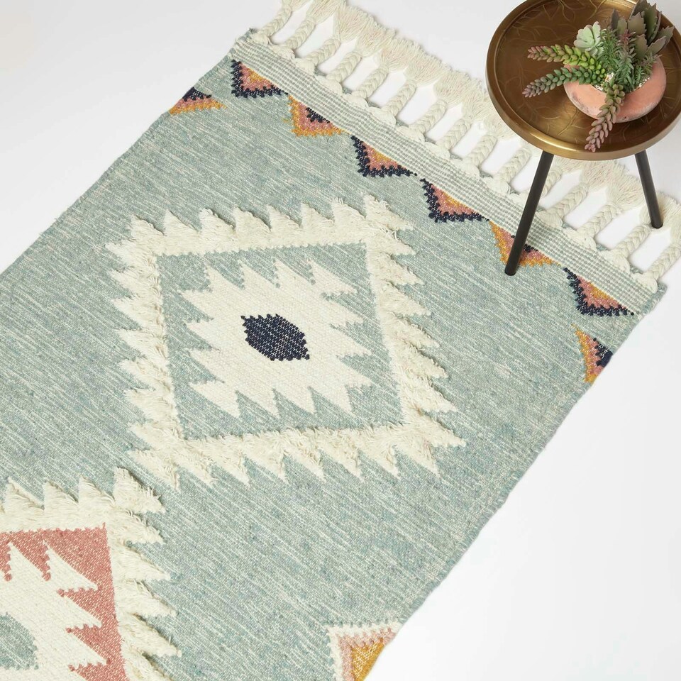image 1 of Homescapes Tenali Blue Kilim Wool Rug - 160 x 230 cm Blue | 160 x 230 cm