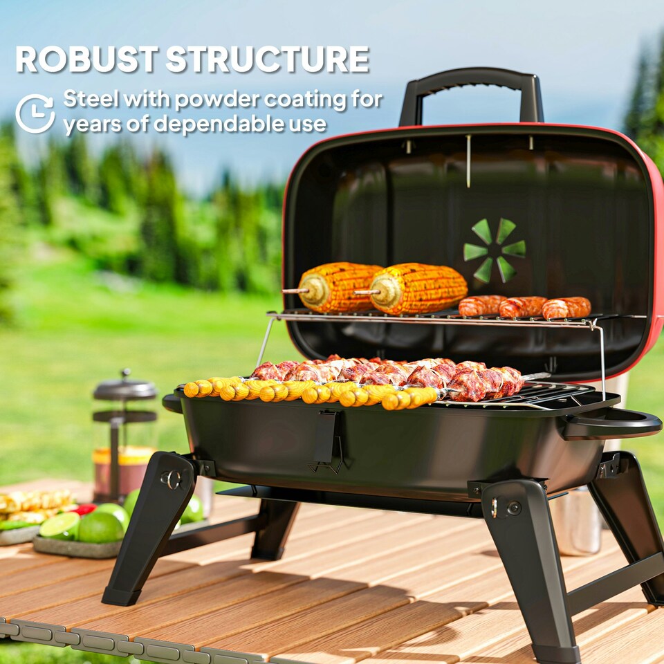 image 1 of Outsunny Folding Charcoal Barbecue Grill, Portable BBQ for Camping, Red