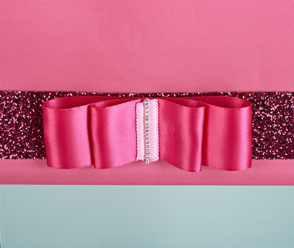 image 1 of FURNISHED Blackout Roller Blind with Fuchsia Glitter Trim and Fuchsia Bow Cut to Size | Pink | Fuchsia | (W) 240cm x (L) 165cm