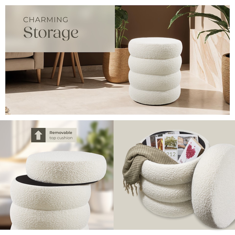 image 1 of Stool Altu - padded seat, large storage space | White | bouclé cream-white | 42 x 42 x 47 cm | 1