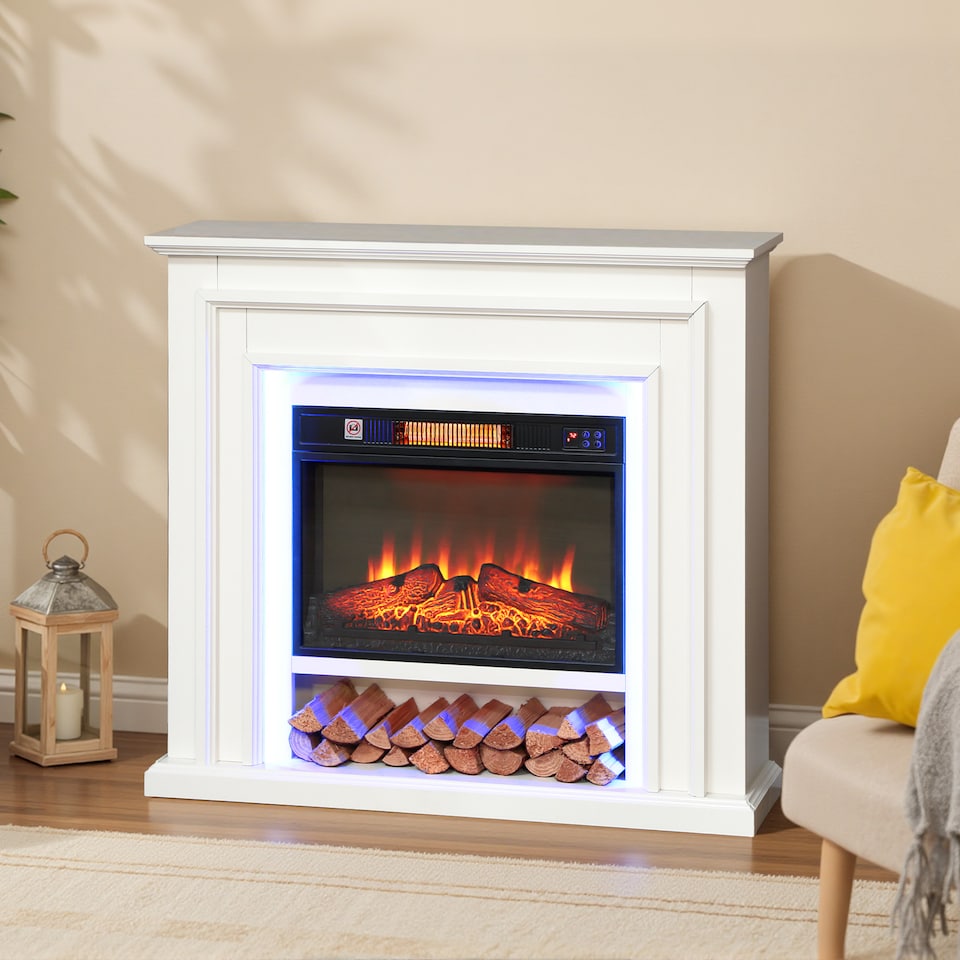 image 1 of HOMCOM Electric Fireplace with RGB LED Lights, Realistic Flame Effect & 3 Brightness Levels, 1800W Inset Electric Fire and Mantel Reach up to 30 m² Space with Remote & Timer for Living Room, White