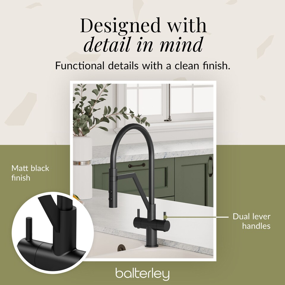 image 1 of Balterley Rana Modern Kitchen Mono Mixer Tap with Dual Lever Handles, Curved Swivel Spout | Black | Matt Black | 1