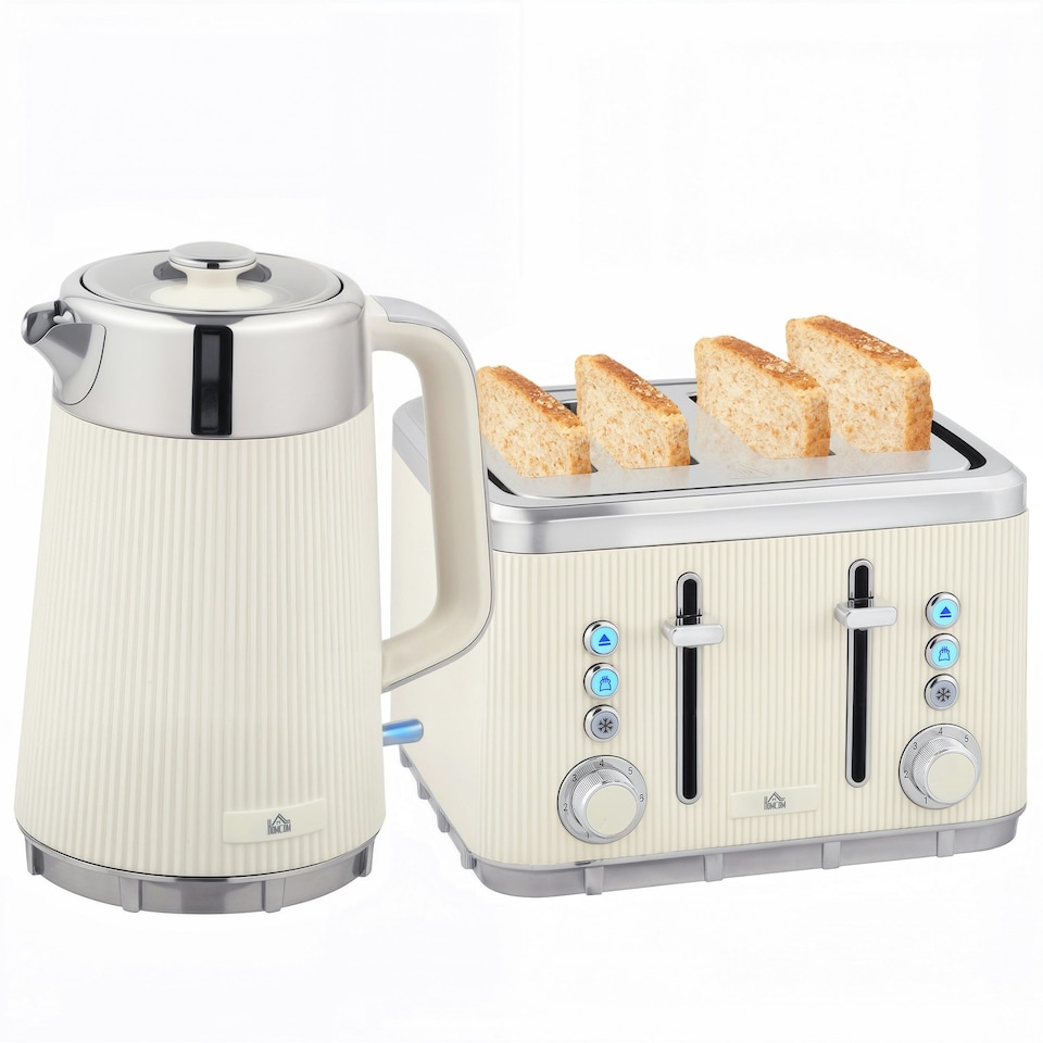 image 1 of HOMCOM 1.7L 3000W Rapid Boil Kettle and 4 Slice Toaster Set Crumb Tray Cream