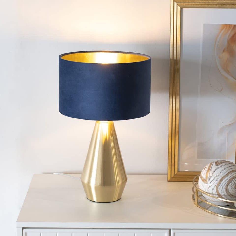 image 1 of ValueLights Jax Gold Dimmable Touch Table Lamp with Navy Blue Velvet with Gold Inner Lamp Shade | Blue