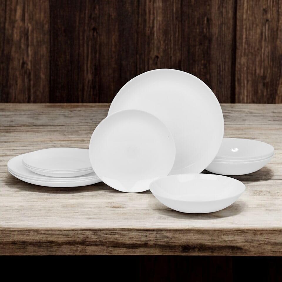 image 1 of White Opal Glass Dinner Set Plates Soup Bowls Dinnerware | White | Luna Dinner - 24 Pcs | 24