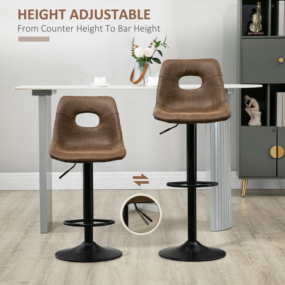 image 1 of HOMCOM Retro Bar Stools Set of 2 Adjustable Height Swivel Leather-Like Brown