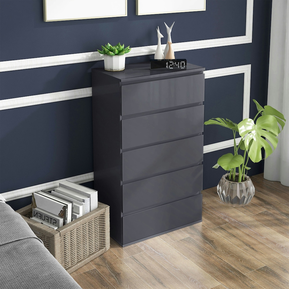 image 1 of HOMCOM Bedroom Chest of Drawers, High Gloss 5 Drawers Dresser, Grey