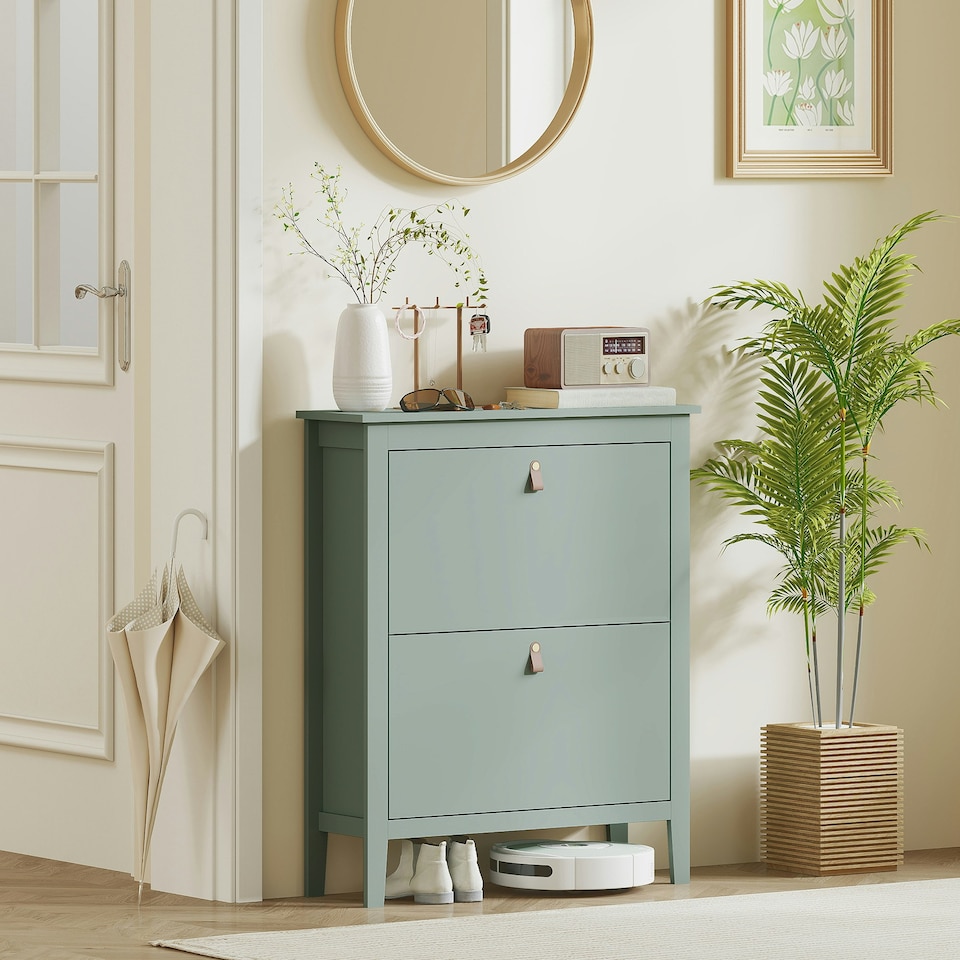 image 1 of HOMCOM 2 Drawer Shoe Cabinet with Flip Doors for Hallway, Entryway Green | 80W x 24D x 95.5H cm
