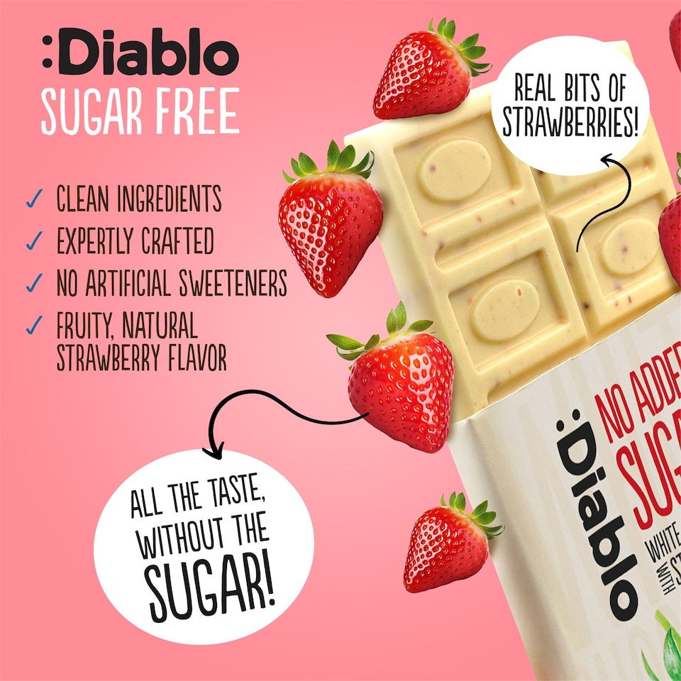 image 1 of Diablo No Added Sugar White Chocolate with Strawberry 75g 6 Pack