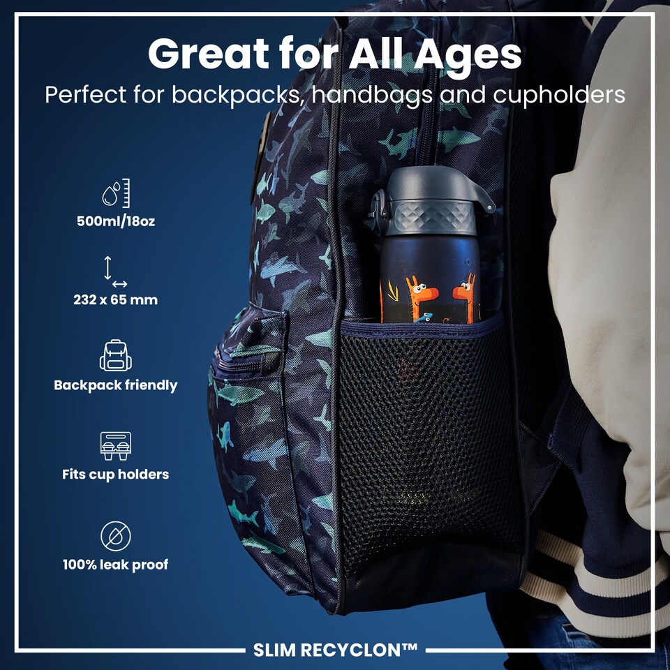 image 1 of Leak Proof Slim Water Bottle, BPA Free, 500ml (18oz) | Blue | Giraffes | One Size