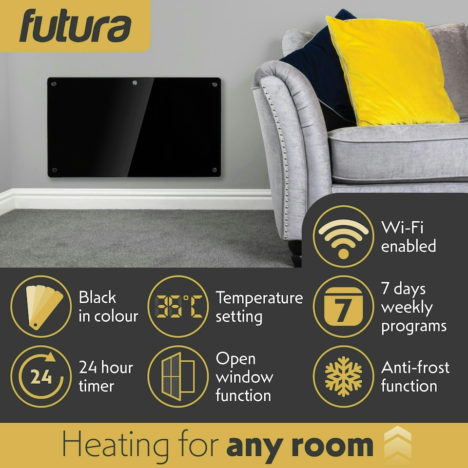 image 1 of Futura 1500W Smart Wifi Heater Electric Panel Wall Mounted Black Glass Radiator