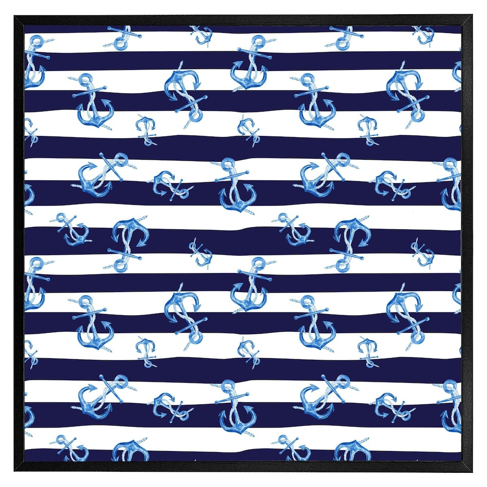 image 1 of Blue anchors on navy striped background (Picture Frame) White | L