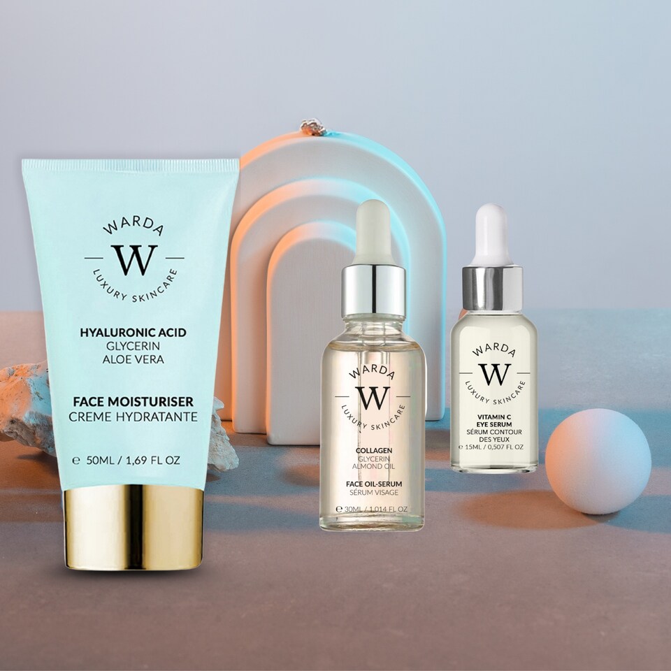 image 1 of Warda Luxury Skincare Skin Glow Boost Vitamin C Eye Serum 15ml + Collagen Skin Lifter Boost Oil Serum 30ml + Skin Hydration Boost Hyaluronic Acid Moisturiser 50ml