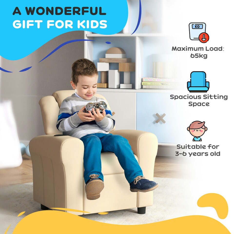 image 1 of HOMCOM Kids Recliner Chair w/ Cup Holder, PU Leather Children Lounger, Beige