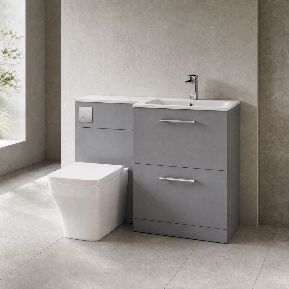 image 1 of Balterley Bramshall Contemporary Floor Standing 2 Drawer Vanity Basin WC Combination Unit, Stone Basin, Right Hand, 1100mm, Satin Grey