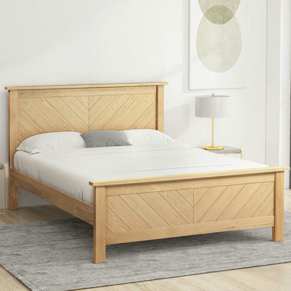 image 1 of 5ft King Size Real Oak Wood Bed Frame.Chevron Solid Panel Wooden Bed Frame Bedstead