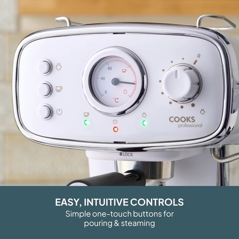 image 1 of Cooks Professional 15-Bar Retro Espresso Coffee Machine 1.2L with Frothing Steam Wand | White | White & Silver