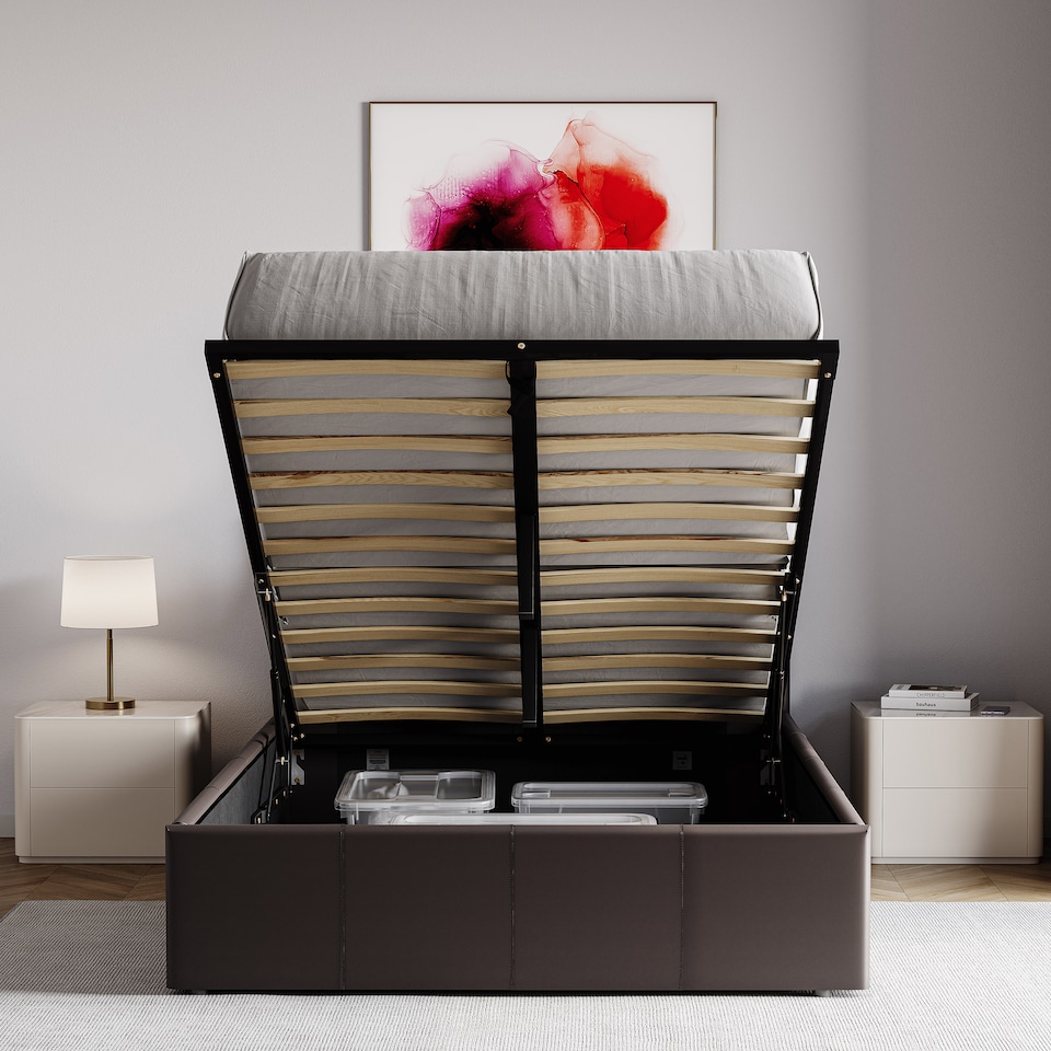 image 1 of Vida Designs Lisbon 4ft Small Double Size Ottoman Bed Storage Faux Leather, Brown, 120 x 190cm