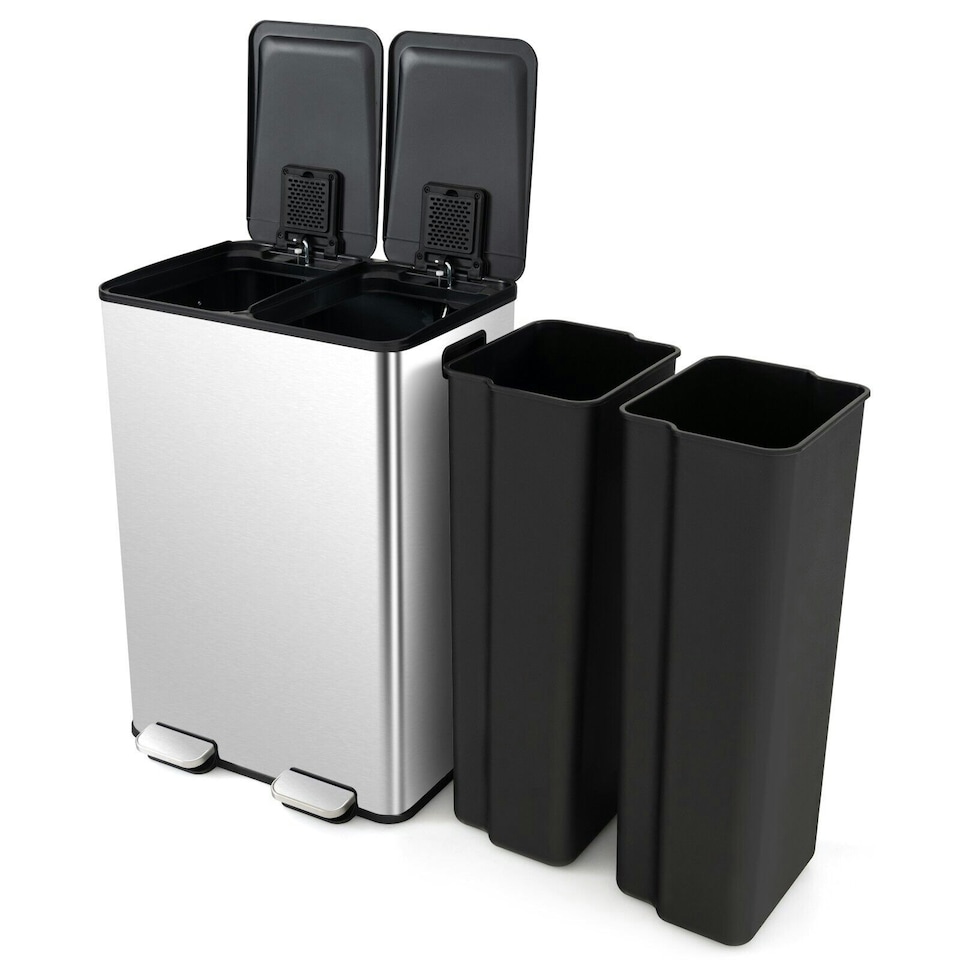 image 1 of COSTWAY 60L Dual Trash Can Bin with 2 Compartments Sliver Silver