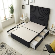 Sunburst Divan Bed with 4 Drawers & 54'' Floor Standing Headboard Plush Velvet | Black | Black