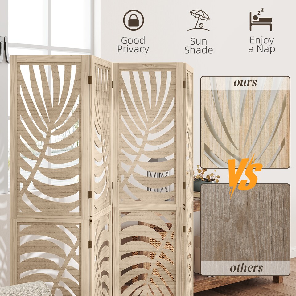 image 1 of HOMCOM 4 Panel Privacy Screens with Palm Leaf Design, Natural Wood Finish