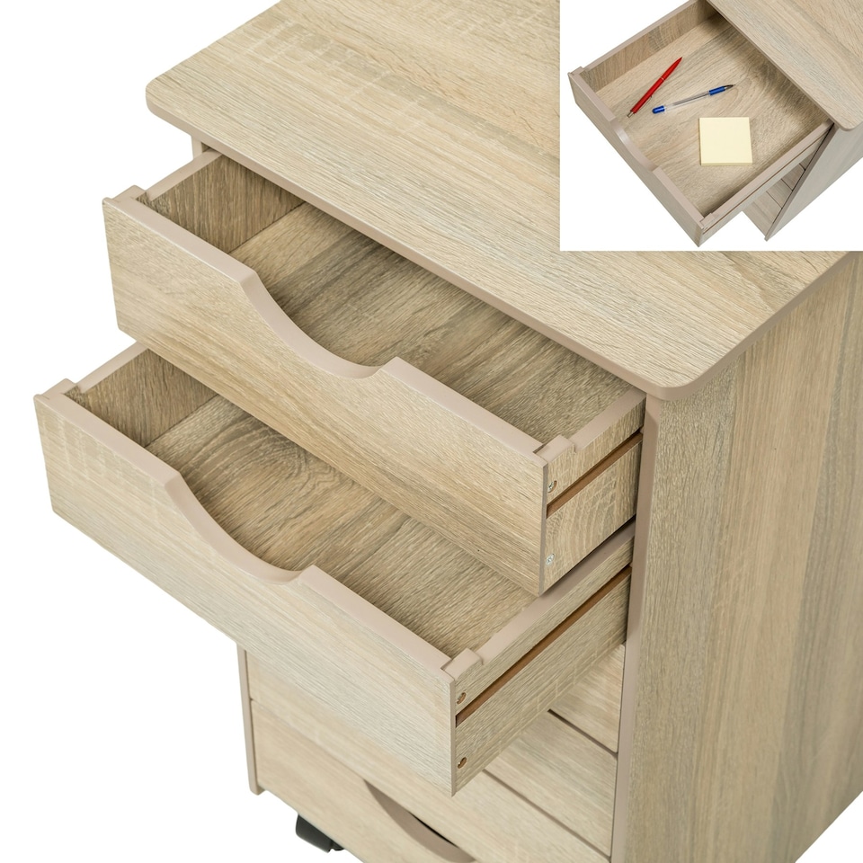 image 1 of Chest of Drawers - with 6 drawers, made of wood, with 4 wheels, 36 x 40 x 65 cm Brown | Light Oak