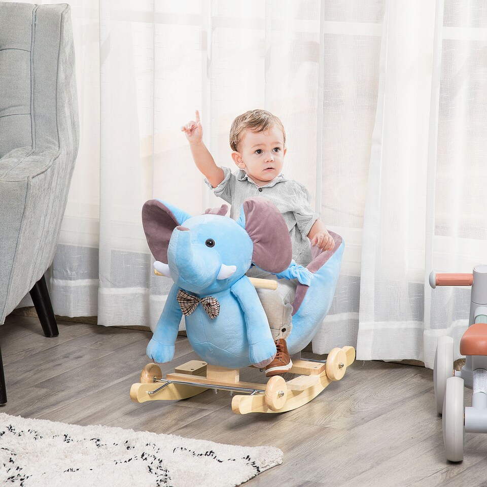 image 1 of HOMCOM 2 In 1 Plush Baby Ride on Rocking Horse Elephant Rocker with Wheels Wooden Toy for Kids 32 Songs for 18 Plus Months (Blue)