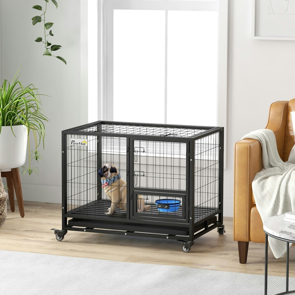 image 1 of PawHut 36" Heavy Duty Dog Crate on Wheels w/ Bowl Holder, Removable Tray