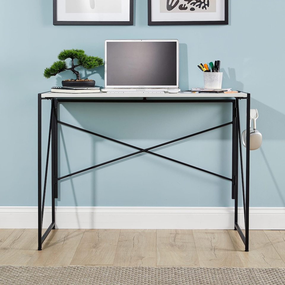 image 1 of Folding Compact Desk Storage Hook Wood Metal Office Computer Table Workstation | White