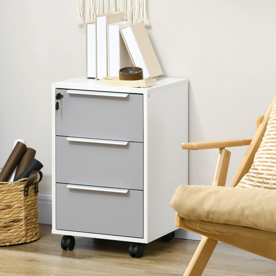 image 1 of HOMCOM 3-Drawer Lockable Filing Cabinet, File Cabinet on Wheels, Mobile Office Storage Drawers for Home Office, Bedroom and Living Room, White and Grey | White | White and Grey