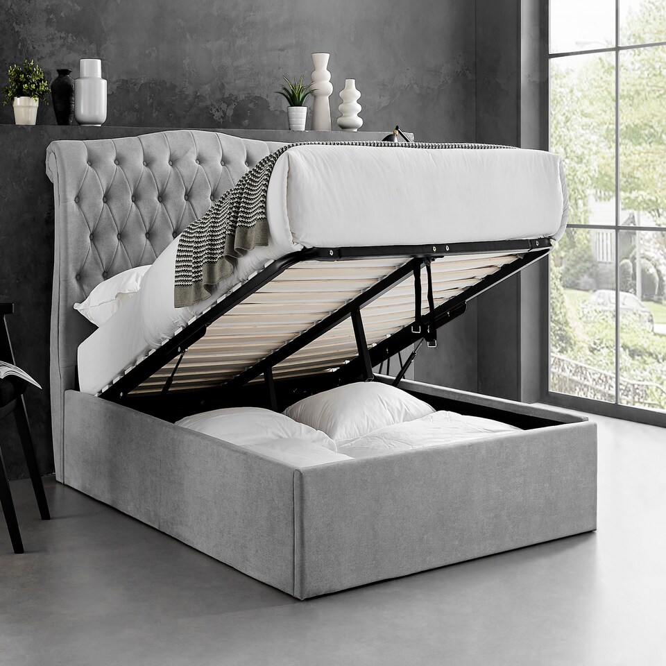 image 1 of 4ft6 Double Ottoman gas liftup storage bed frame,fabric upholstered, light grey,buttoned back,curved bed frame,bedstead
