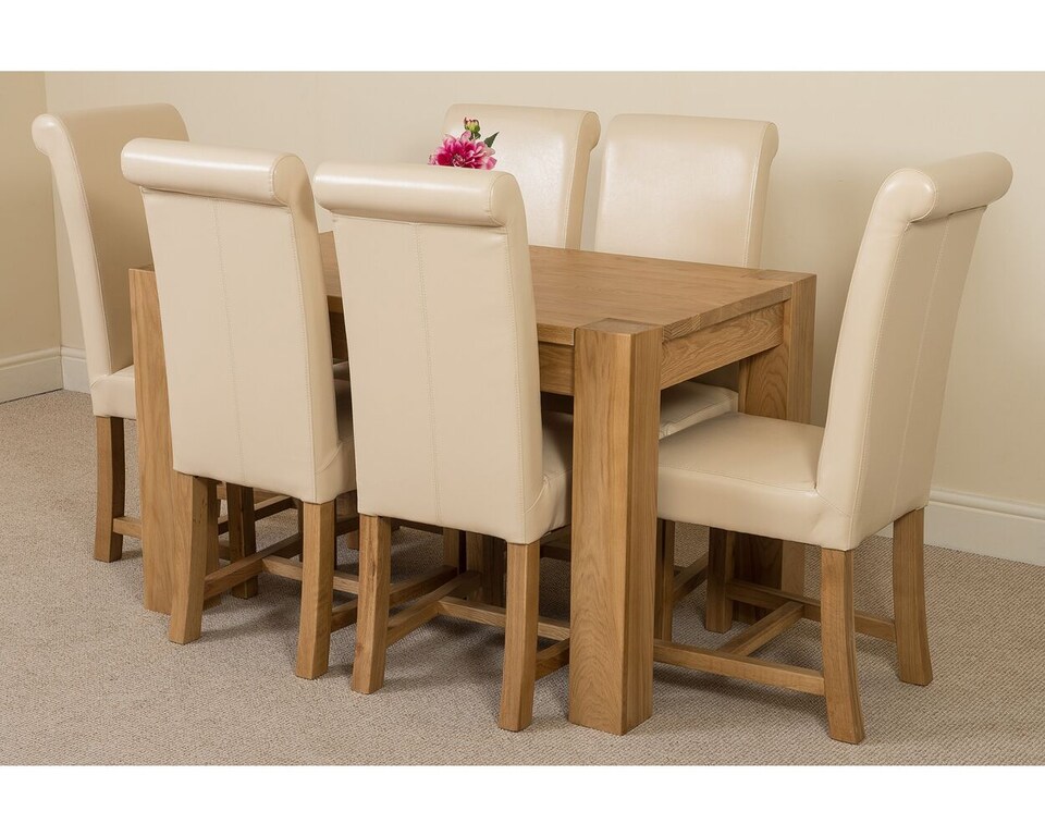 image 1 of Kuba 125x80cm Chunky Oak Small Dining Table and 6 Washington Leather Chairs | Cream | Cream