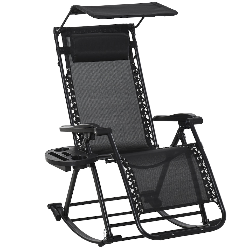 image 1 of Outsunny Garden Rocking Chair Folding Recliner Outdoor Adjustable Sun Lounger Rocker Zero-Gravity Seat with Headrest Side Holder Patio Deck - Black