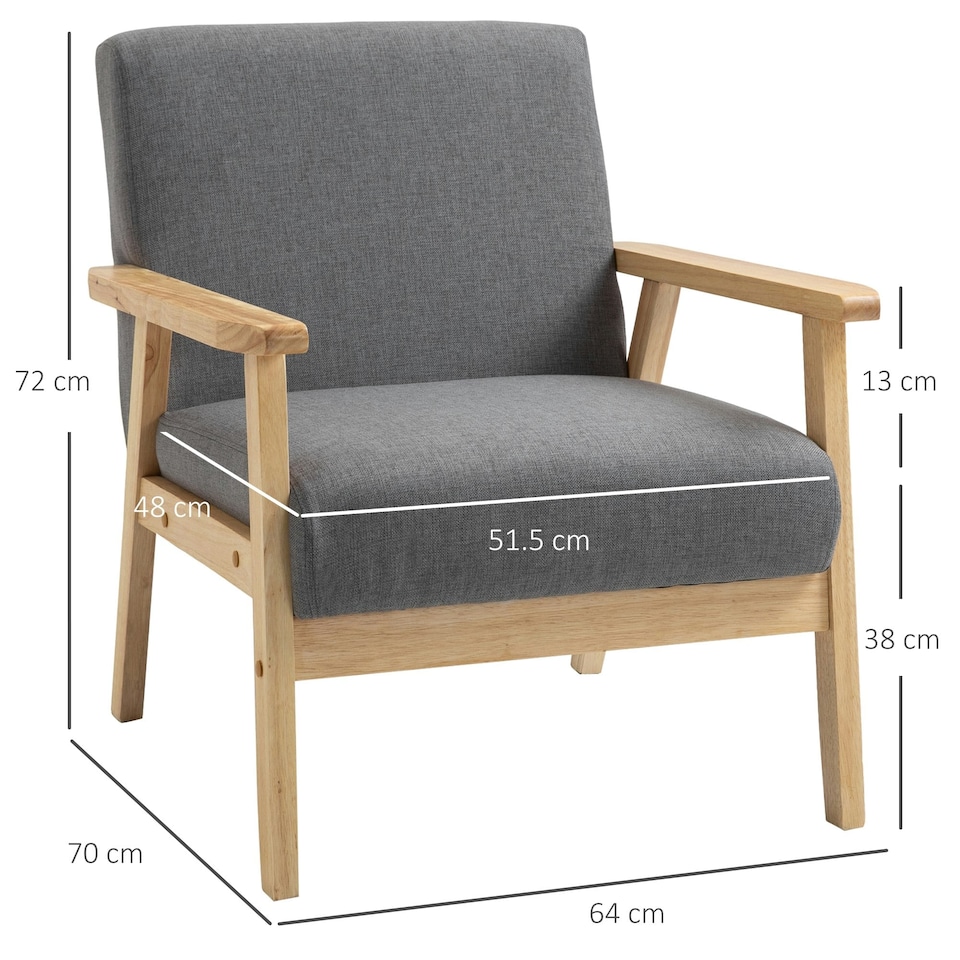 image 1 of HOMCOM Modern Armchair, Linen Upholstered Sofa with Solid Wood Legs and Wide Seat, Accent Chair for Living Room Bedroom Office, Grey