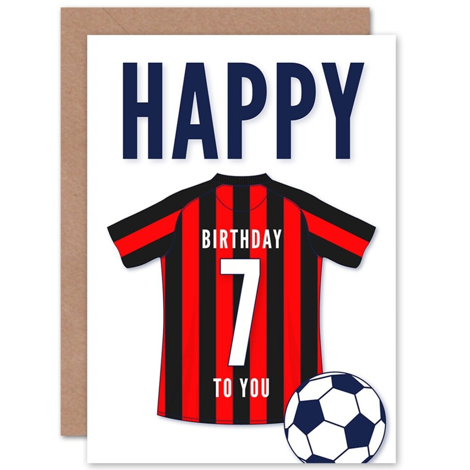 image 1 of Football Strip Kit Red Striped Top Age 7 Year Old Child Kids 7th Birthday Card
