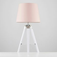 ValueLights Modern White Wood And Silver Chrome Tripod Table Lamp With Pink Shade