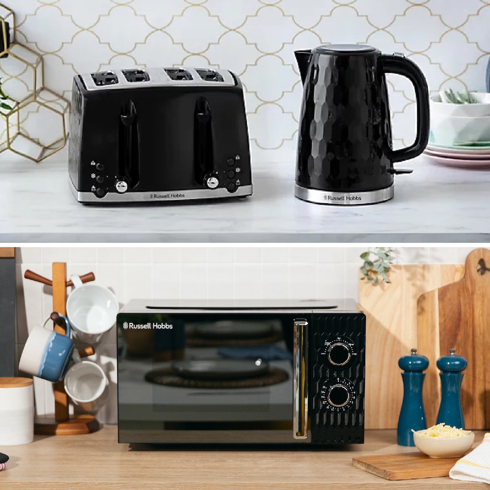 image 1 of Russell Hobbs Honeycomb Bundle Set with Kettle, 4 Slice Toaster, and Microwave Black HCBNDL4B
