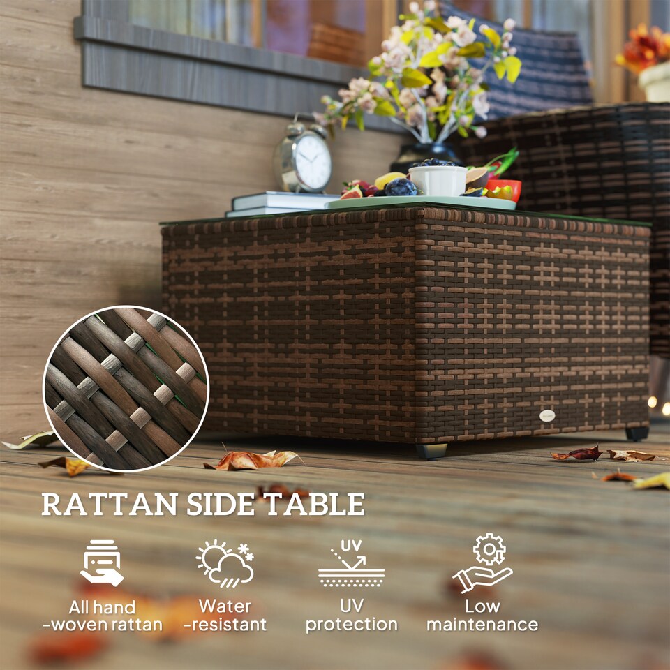 image 1 of Outsunny Outdoor Coffee Table with Glass Top, Rattan Side Table, Brown