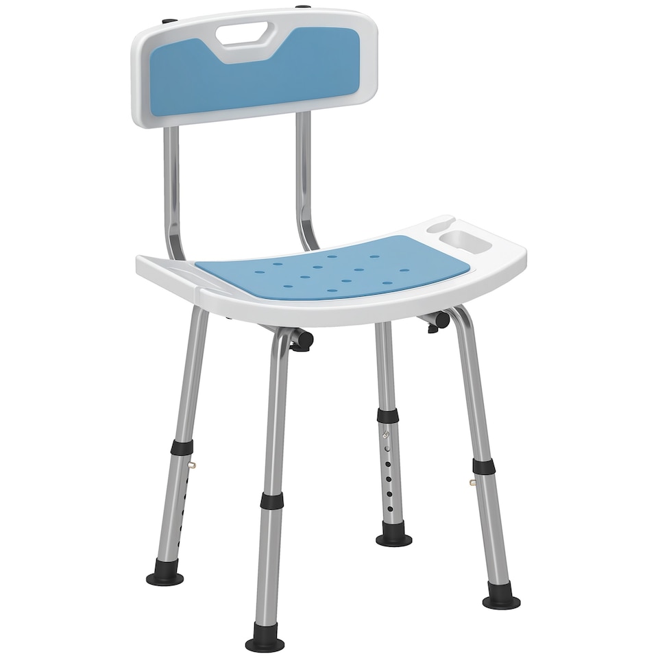 image 1 of HOMCOM Shower Chair for the Elderly and Disabled, 6-Level Height Adjustable Shower Stool with Backrest, Curved Seat, Anti-slip Foot Pads and Shower Head Holder, Light Blue