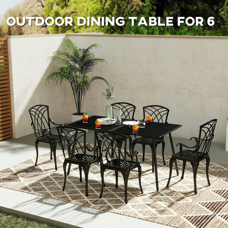 image 1 of Outsunny Garden Table for 6 Person with Slat Top, Steel Frame, Black Black | 150L x 80W x 74Hcm
