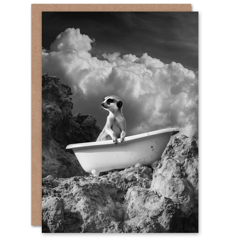 image 1 of Meerkat in Bathtub Surreal Bath Time Black White Birthday Greeting Card
