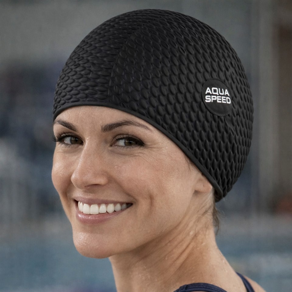 image 1 of Ladies Bombastic Swimming Cap | Long Hair Soft Latex Comfortable Fit Cap | Black | Black | One Size | 1